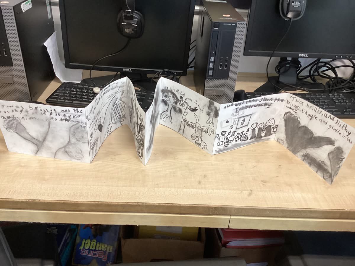 HolyTrinity316's tweet photo. Class 7 (Year 4) have been illustrating the poem Jabberwocky by Lewis Carrol. They have worked as a team and used lots of different charcoal techniques to illustrate each verse. #holytrinitystars https://t.co/otfKJT7elu