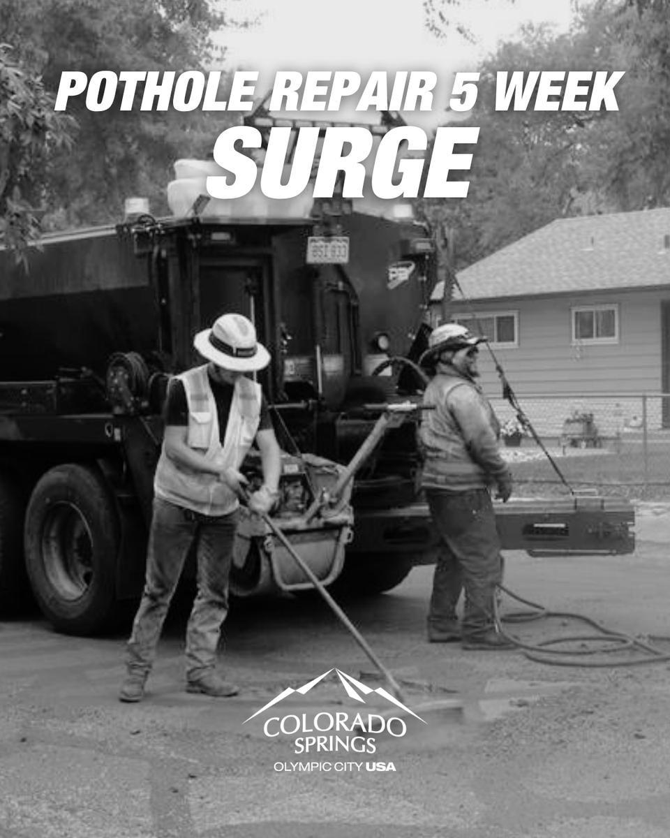 MayorofCOS's tweet photo. Yesterday, @CityofCOS launched the Pothole Watch and beginning next week, we will launch a 5-week citywide pothole repair surge focused on accelerating repairs and aggressively responding to resident reports. 
 
We are concentrating crews and resources on one of the issues residents care most about. 
 
And you our residents play an important role in this effort. If you see a pothole, report it. Use the GoCOS app, call 719-385-ROAD, or submit a request through the City’s online chatbot. 
 
Your reports matter. Your feedback matters. And we are listening and responding. With the new Pothole Watch dashboard, residents can track the progress of their report and hold us accountable to our deliverables. Check out the dashboard at https://t.co/UAQSyhKSra
 
And because I want residents engaged in this effort, I am making a commitment.

Over the next month, I will personally help fill some potholes submitted through the GoCOS app during this repair surge. 
 
Now before anyone gets nervous, no, Public Works is not turning me loose with a pothole truck unsupervised. That would be a terrible idea. 😊 But I want residents to know this issue matters to me personally. So, if you see a pothole, report it.