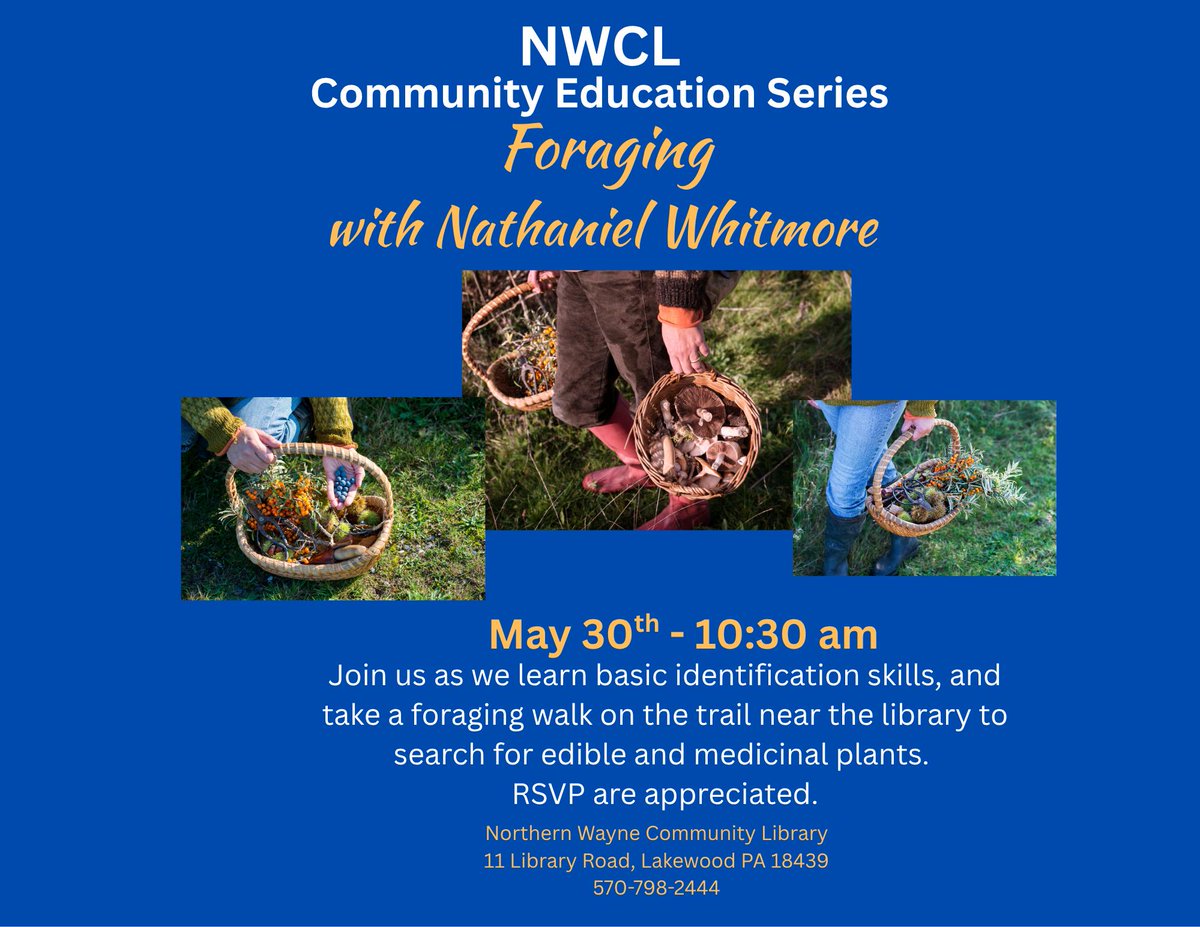 WayneTomorrow's tweet photo. Join the Northern Wayne Community Library for their Community Educational Series: Foraging session!

🗓️ Saturday, May 30th
⏰ 10:30am
📍 11 Library Rd. Lakewood PA 18439
📞 570-798-2444

#waynecountypa https://t.co/C9sdJ7Jm9Z