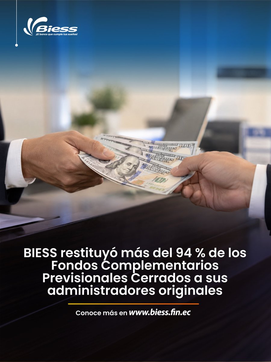 BiessEcuador's tweet photo. #BiessInforma

Concretamos la restitución de la administración de 35 de los 37 Fondos Complementarios Previsionales Cerrados (FCPC), entes previsionales de ahorro privado, creados por grupos de trabajadores, para mejorar la jubilación y la cesantía. 

🔗: https://t.co/57Dvqq5xC3 https://t.co/I8GNs0QEAO