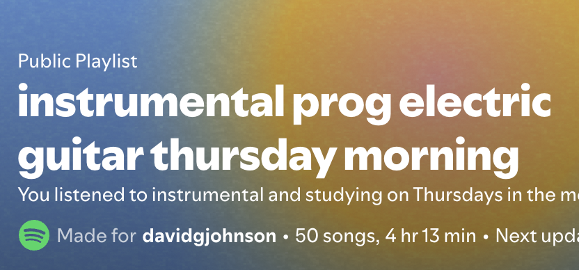 TheDavidJohnson's tweet photo. Heavy-duty focus fueled by my daylist and ☕️

Sometimes, @Spotify just gets me 🤘🎸 https://t.co/0QbQE6yzv4