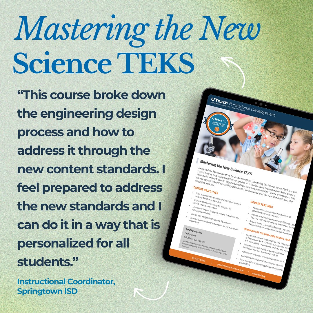 UTeachPD's tweet photo. “I feel prepared to address the new standards and do it in a way that is personalized for all students.”
 UTeach PD’s Mastering the New Science TEKS course can do the same for you! 
Learn more: https://t.co/rb46bL4G9m https://t.co/PyETAbQV7Z