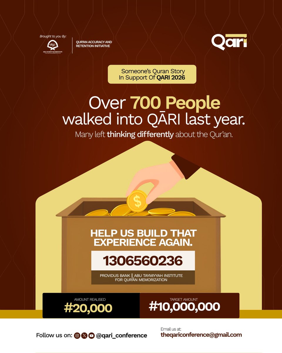 Qari_Conference's tweet photo. IT DOES NOT TAKE MILLIONS OF NAIRA TO CHANGE SOMEONE'S RELATIONSHIP WITH THE QUR’AN. 💯🔥

QĀRI proved that to over 700 people last year.
This year, we are building for 1,500 people! https://t.co/dkxbq1QjZM