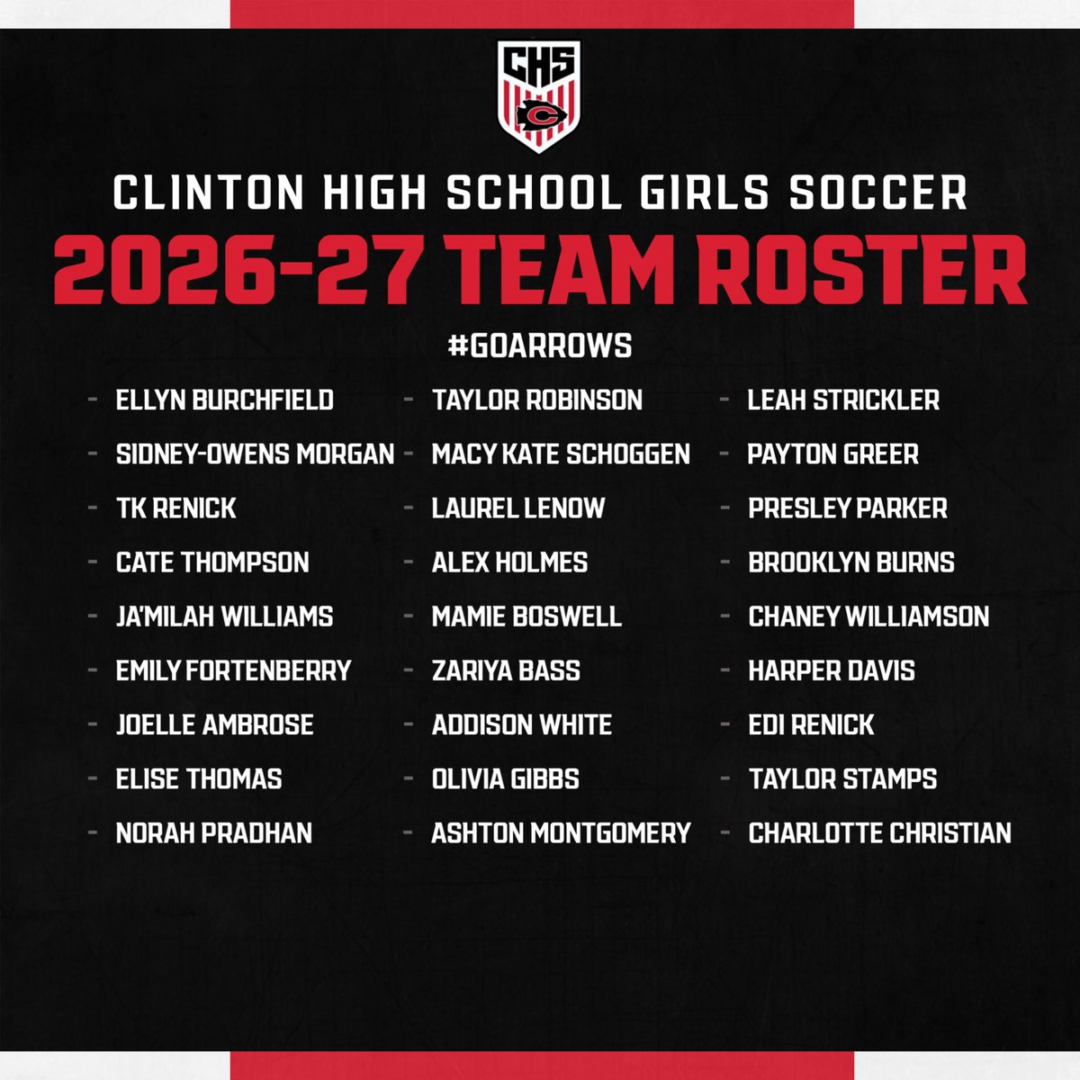 GoArrows's tweet photo. The Clinton Lady Arrow soccer program makes its 2026-27 roster official for their 7th-9th grade team and the CHS team.

#GoArrows https://t.co/xxwPDrdPYS