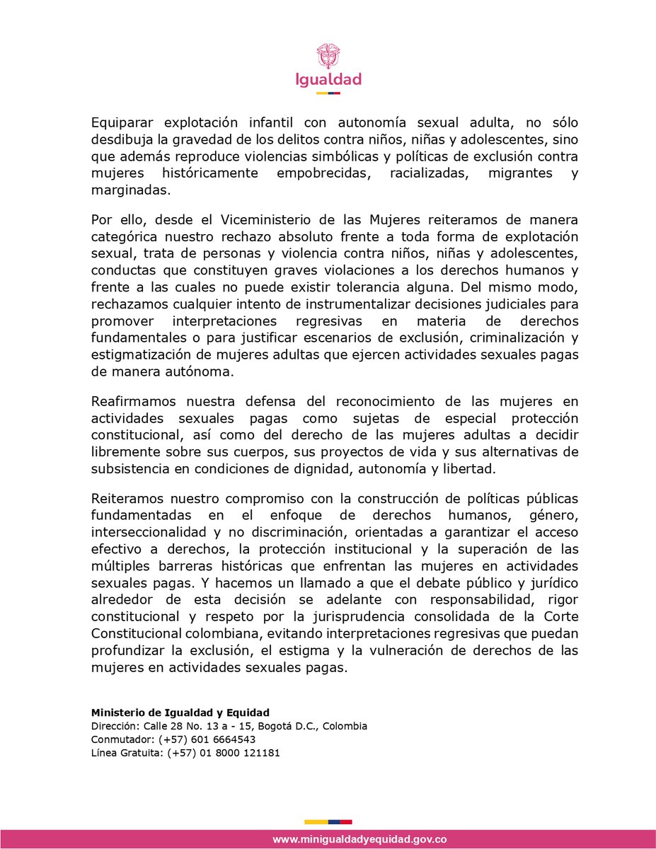 Ministerio de Igualdad y Equidad de Colombia tweet media