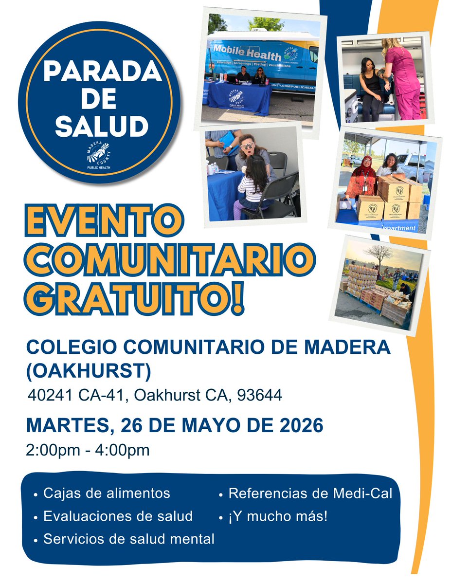 MaderaDPH's tweet photo. This month's One Stop 4 Health event is in Oakhurst! Stop by this free community event and receive Mobile Health services, and more! https://t.co/r0B6aJzTfV