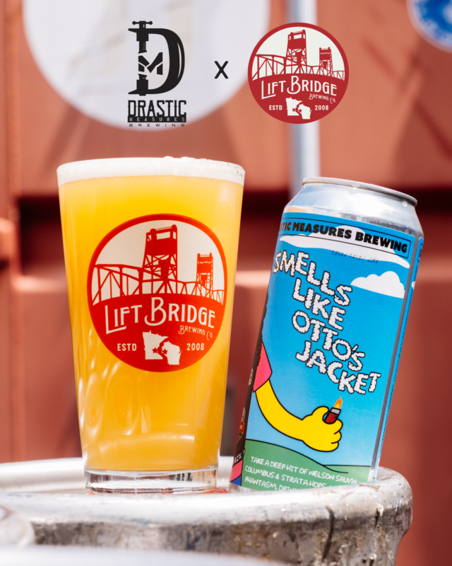 LiftBridge's tweet photo. Mystery Beer Thursday: Smells Like Otto's Jacket 

Our collab with our pals at Drastic Measures is available NOW draft only for a limited time.

Hazy Double IPA w/  Nelson Sauvin, Columbus, and Strata hops, and Phantasm. 8.2% ABV https://t.co/RX2j5R83Q5