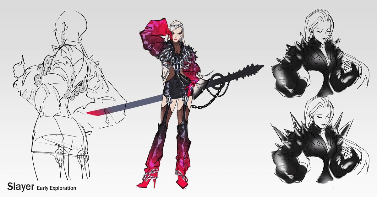Luzdanaee's tweet photo. These are some of the early concepts for the Slayer outfit I got to do for DNF with Potion Projects and @ninocstudio 😊 working on the slayer was my favorite part of being part of this project and I love every iteration we have on her. 💫 https://t.co/qg2iG7o1ql