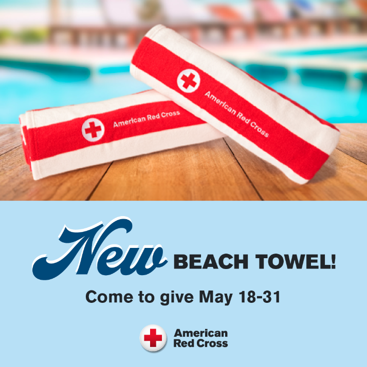 RedCrossNW's tweet photo. Make waves to a blood drive near you! When you come to give blood or platelets May 18-31, you’ll pick up an exclusive Red Cross beach towel, perfect for every sunny day (while they last). Hurry up and book your appointment: https://t.co/qfUCpqHBXM https://t.co/eWbzwASswl