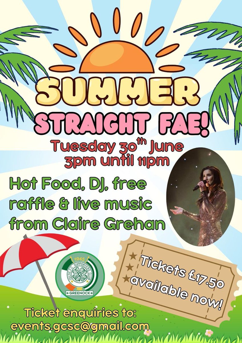 GreenockCeltic's tweet photo. School’s out for summer😎Tickets are available from the club’s reception desk. https://t.co/Xdy02AFInG
