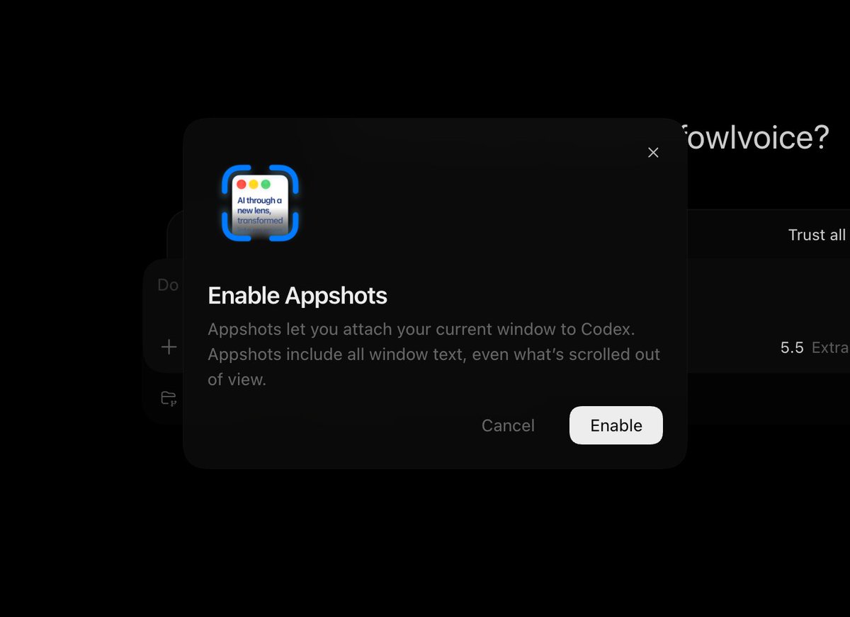 argofowl's tweet photo. the new appshots feature in codex is way more useful than i expected, this is great

it captures a screenshot + the window context, including text, urls, file paths, and even text scrolled offscreen (the offscreen part is so nice)

my one important finding: if you have 2 codex windows open, it pastes into the one you interacted with last

also the cmd+cmd interaction is absurdly smooth, i'm already addicted to it

fantastic job @arix and everyone who worked on this @malonehedges, vasili, @supercgeek, @philzet, @iamkim, @conradev, @mousseau, @suedadam, @leoshimo

this kind of ux inspires me