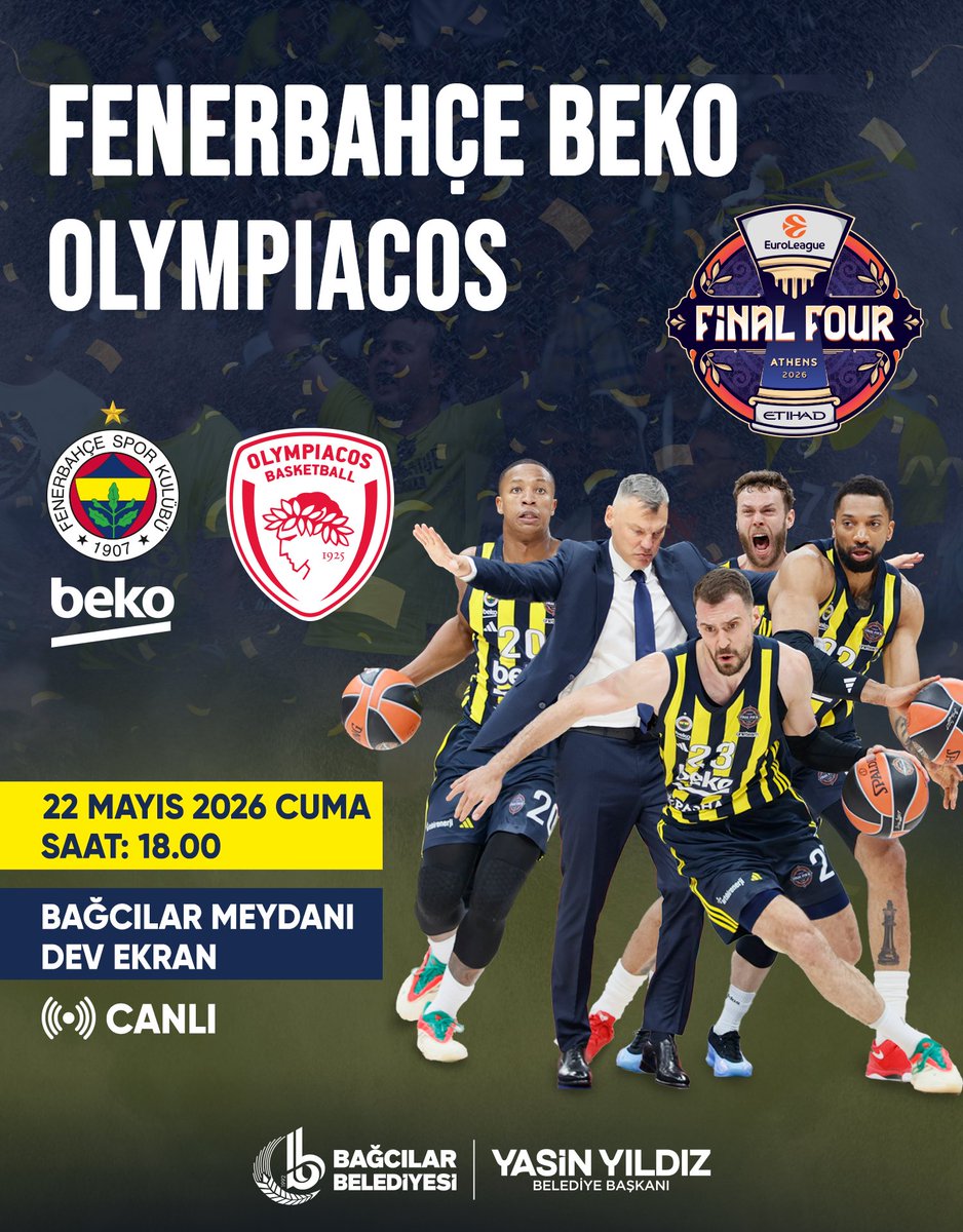 BagcilarBld's tweet photo. EuroLeague heyecanını hep birlikte yaşayalım 🏀

Fenerbahçe Beko’nun Olympiacos karşısındaki kritik Final Four mücadelesini dev ekranda, coşku dolu atmosferde birlikte izliyoruz.

📍 Bağcılar Meydanı
🗓 22 Mayıs Cuma
⏰ 18.00 https://t.co/fZBST84v7Y
