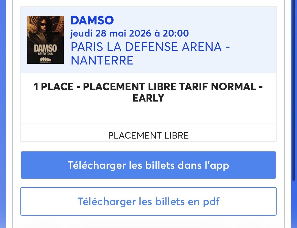 leaa_mgnt's tweet photo. Je vends une place pour le concert de Damso le 28 mai 
50€ au lieu de 70€ 

#Damso #concert #Paris #ticket #beyah https://t.co/MHrPdUVju8