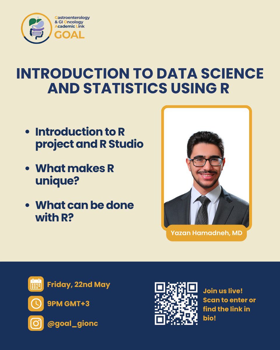 GOAL_GIONC's tweet photo. Join us for an exciting Introduction to R lecture — the beginning of a continuous educational series, Insha’Allah, designed to simplify research programming and statistical analysis for students and researchers with Yazan Hamadneh,MD💻💛 https://t.co/q6JvctdfBp
