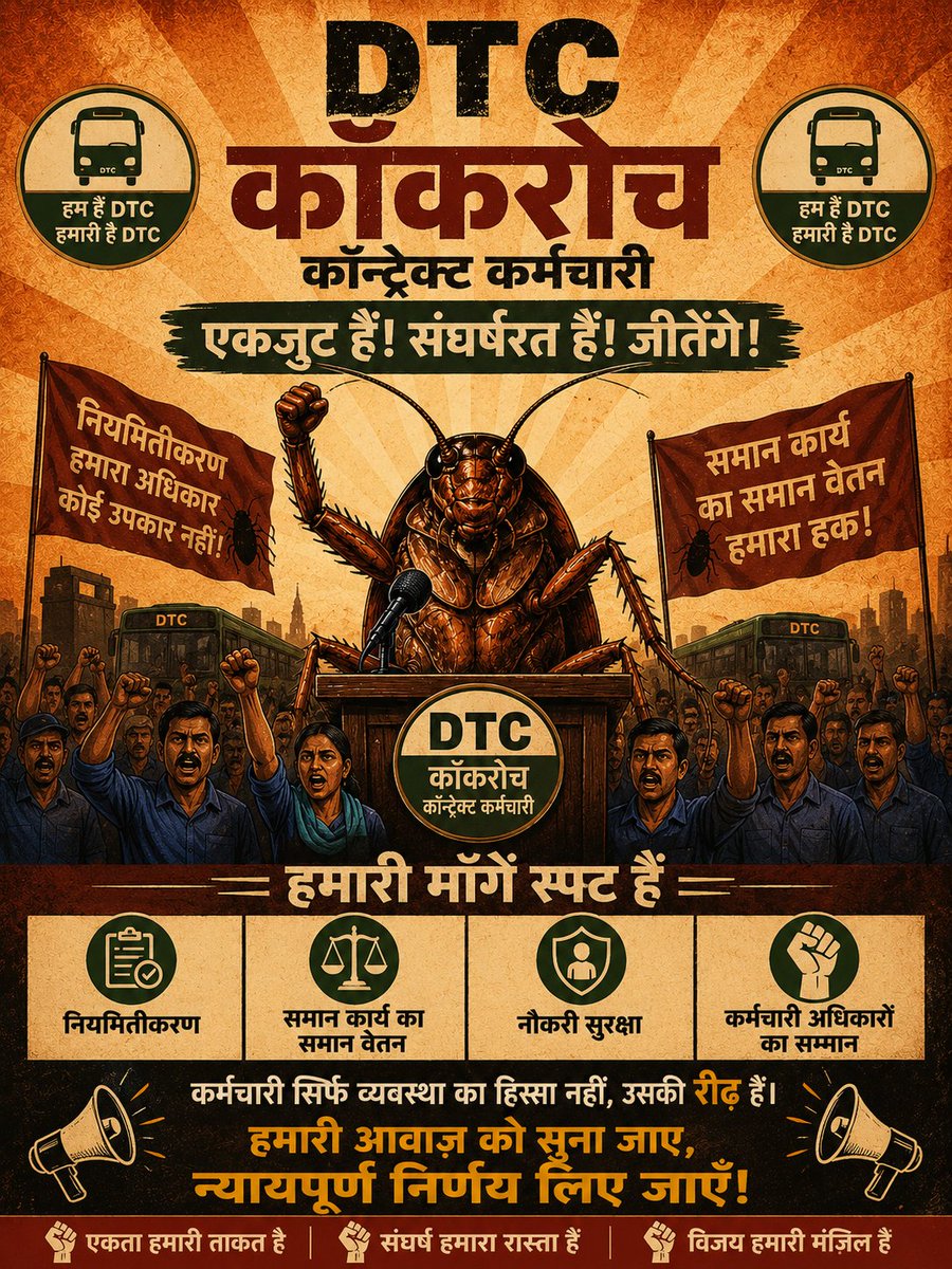 nagar01ajay02's tweet photo. 🪳 DTC कॉक्रोज कॉन्ट्रेक्ट कर्मचारी एकजुट हैं! ✊
नियमितीकरण हमारा अधिकार है, कोई एहसान नहीं।
समान वेतन, नौकरी सुरक्षा और सम्मान लेकर रहेंगे।

#DTC #CockroachWorkers #Regularization #EqualPay https://t.co/8DOGwLI5kp