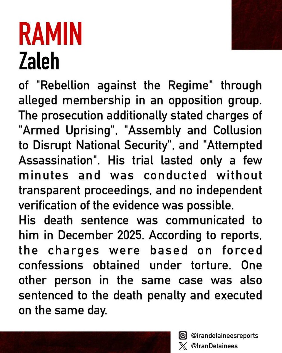 IranDetainees's tweet photo. #RaminZaleh, a Kurdish prisoner, was secretly executed on May 21, 2026. His family was given no notice, and he was denied a final visit. He was arrested without a judicial warrant in July 2024 and held in solitary confinement for months without …

Read more in comments. https://t.co/V2luWtr00N