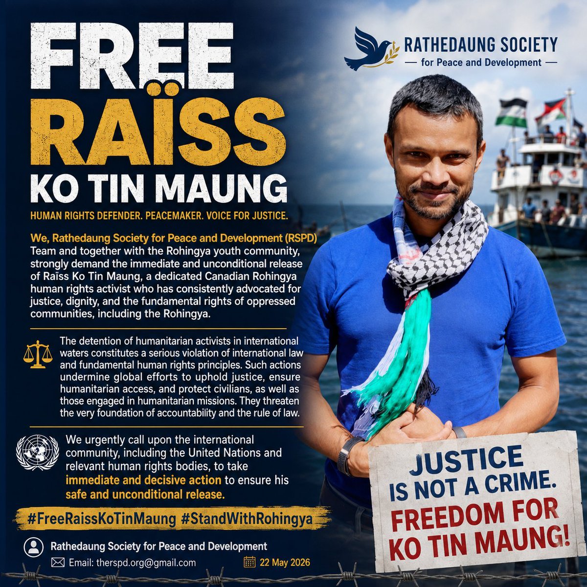 the_rspd's tweet photo. We, Rohingya youth, urgently demand the immediate and unconditional release of Raïss Ko Tin Maung, a Canadian Rohingya human rights activist dedicated to justice and dignity.  #FreeRaissKoTinMaung #StandWithRohingya https://t.co/6j20Y0dOhm