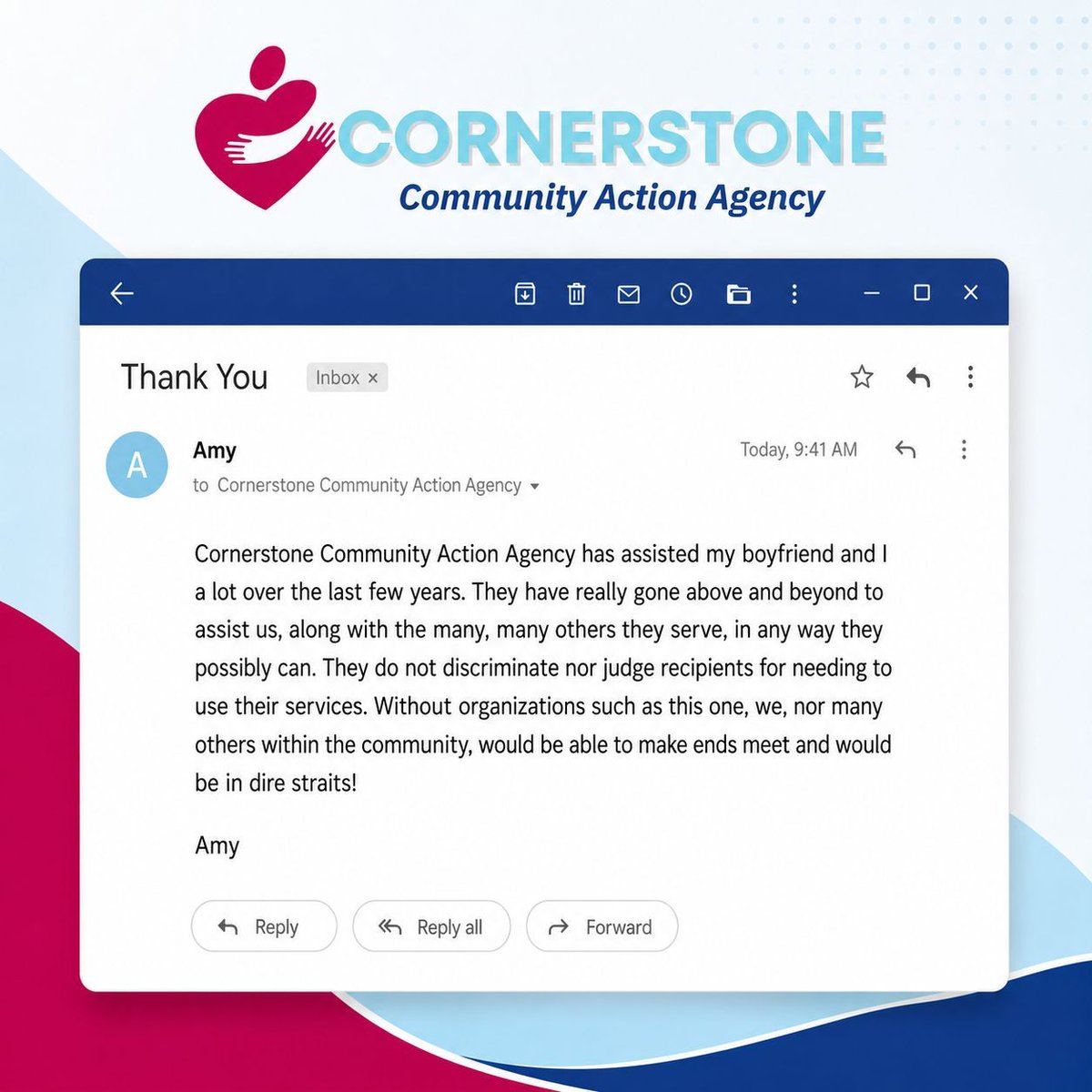 CornerstoneCAA's tweet photo. “Without organizations such as this one, we, nor many others within the community, would be able to make ends meet.”

Thank you, Amy, for sharing these kind words. We are honored to serve our neighbors and help families find support, stability, and hope when they need it most. https://t.co/riIx4QgItj