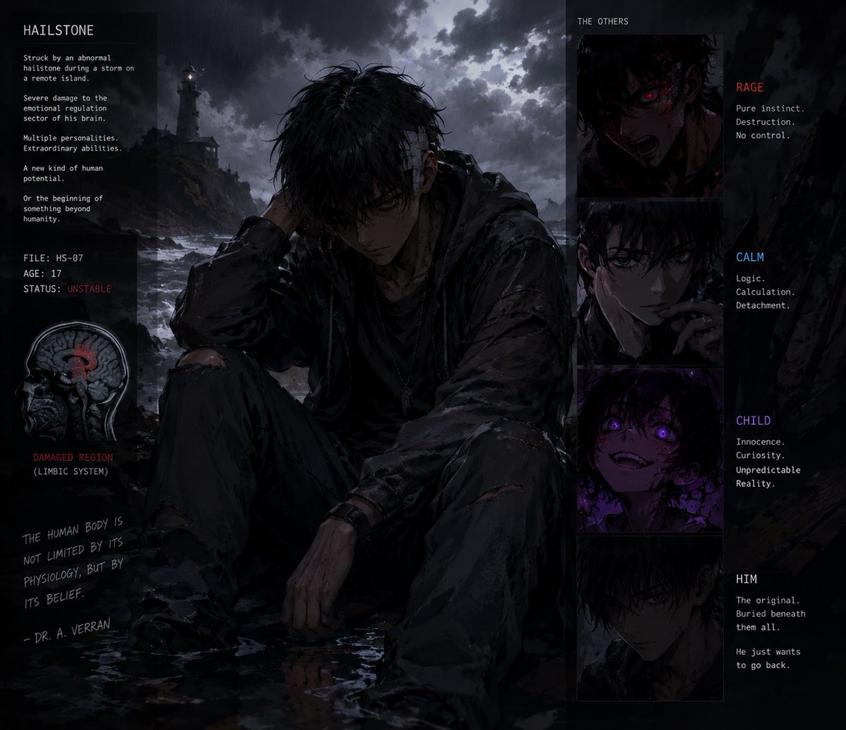 AwahProspe2555's tweet photo. My Character HailStone A 17yrs old boy struck by a medium sized hail damaging some part of his brain making him unstable. His powers did not come from any external factor, magic, or experiment it came from himself, His body.
The Brain. https://t.co/4Sp2La2bG5
