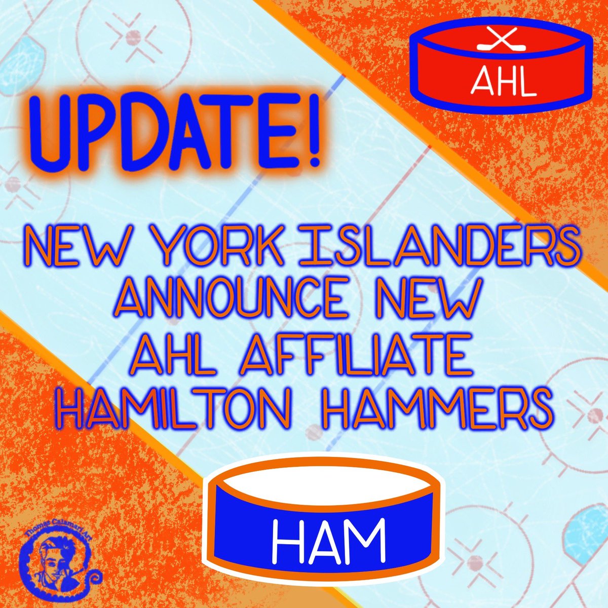 tomcalamariart's tweet photo. New York Islanders announced today that the organizations new AHL affiliate will be known as the Hamilton Hammers. #ahl #hamiltonhammers #newyorkislanders #tdcoliseum #canada https://t.co/R9U4yKrihQ