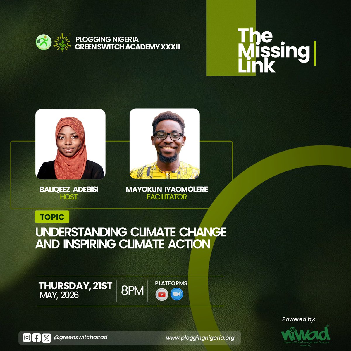 GreenSwitchAcad's tweet photo. Is climate change my business? Do I really have control over it? How can I inspire action?
Get answers today in: UNDERSTANDING CLIMATE CHANGE & INSPIRING CLIMATE ACTION with the founder of Plogging Nigeria!
#TheMissingLink
#GreenSwitchAcademyXXXIII
#PloggingNigeria https://t.co/t6uCBMMKT1