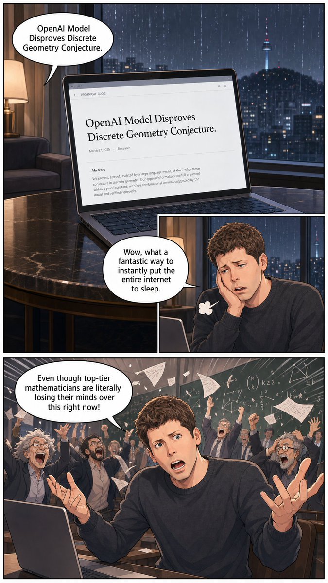 paper2comic's tweet photo. Inspired by @SebastienBubeck’s recent post, I made a comic featuring Sébastien and @sama explaining how an internal OpenAI model disproved a famous conjecture related to the Unit Distance Problem. 📊✨

Since it’s a comic, I added some creative exaggeration and simplified the math to make the story more fun and digestible.

Here’s a visual take on why this result feels like such an incredible milestone. Enjoy 👇