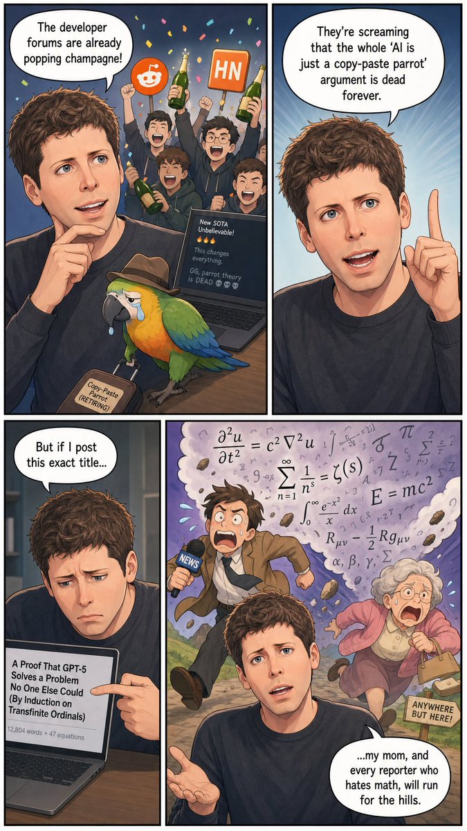 paper2comic's tweet photo. Inspired by @SebastienBubeck’s recent post, I made a comic featuring Sébastien and @sama explaining how an internal OpenAI model disproved a famous conjecture related to the Unit Distance Problem. 📊✨

Since it’s a comic, I added some creative exaggeration and simplified the math to make the story more fun and digestible.

Here’s a visual take on why this result feels like such an incredible milestone. Enjoy 👇