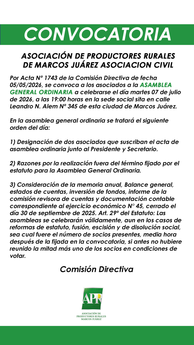 APRMarcosJuarez's tweet photo. Convocatoria Asamblea 2026 https://t.co/joXnlTaW1S