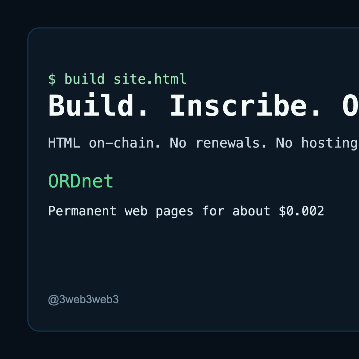 3web3web3's tweet photo. Your site should be an asset, not a subscription. ORDnet puts HTML on-chain, keeps ownership in your wallet, and cuts out the hosting rent loop. https://t.co/4tqElsbIKY #ORDnet #BSV #Web3 #BuildToOwn https://t.co/fvdJmt9cK0