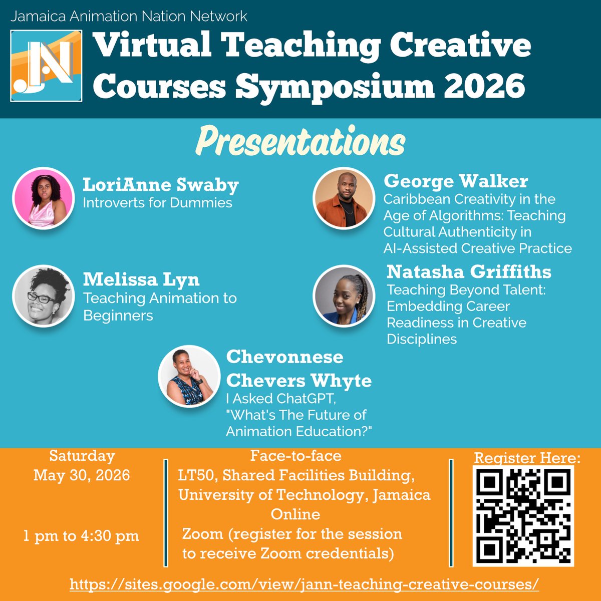 jannconnects's tweet photo. Join us for the JANN Teaching Creative Courses Symposium 2026 

🗓️ Saturday, May 30, 2026
⏰ 1:00 PM – 4:30 PM 

📍 Attend In Person:
LT50, Shared Facilities Building, University of Technology, Jamaica

💻 Attend Online via Zoom

🔗 Register here:
https://t.co/VA5Dciwcs1 https://t.co/J7N7EB4wIV