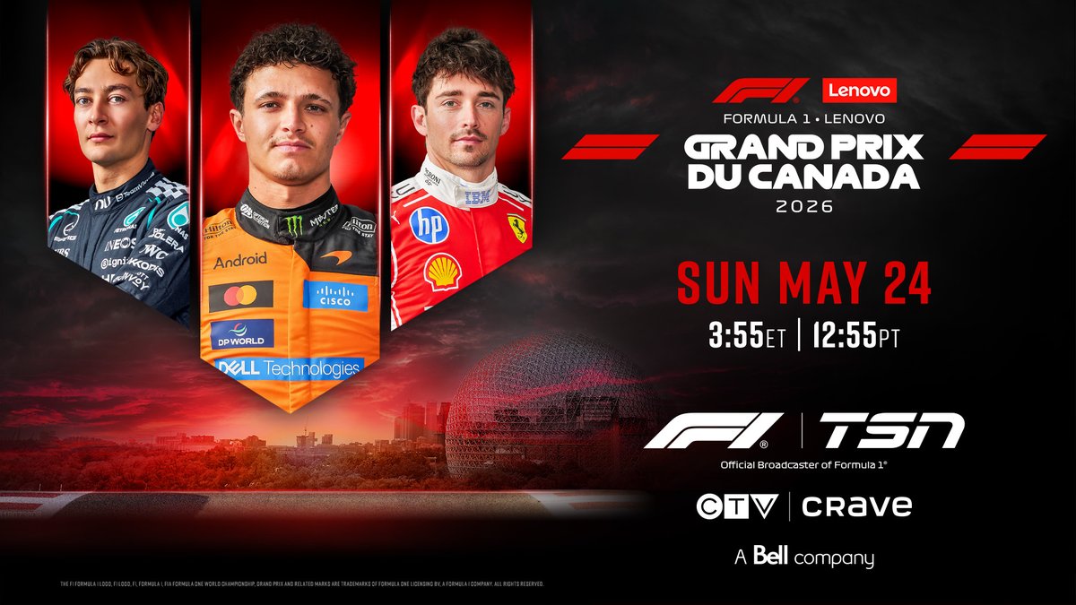 TSN_PR's tweet photo. The @F1 Canadian Grand Prix touches down this weekend in Montreal, and @TSN_Sports &amp; TSN+ are Canada's home for wall-to-wall coverage! 🇨🇦🏎️

Pre-race coverage begins Sunday, May 24 at 2:30 p.m. ET on TSN, CTV, and Crave. #CanadianGP

For more ➡️ https://t.co/oOPoSKYkU4 https://t.co/PHn4hKbvKt