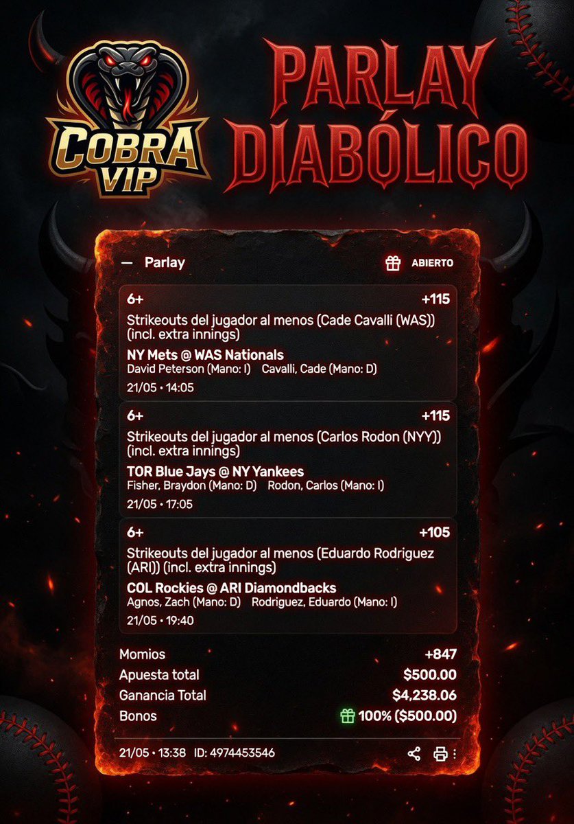 CobraVIP's tweet photo. Toca el parlay diabólico del día con el bono 😈👹👿👺

6+6+6🍫 https://t.co/hQ4tFmNuOH