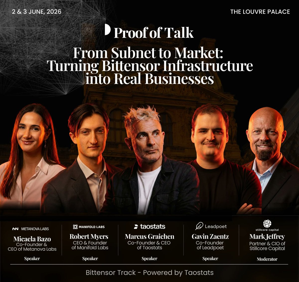 _KaWisLeo's tweet photo. More incredible panel announcements are rolling out for Proof of Talk 2026, and the lineup keeps getting stronger!

I genuinely think @proofoftalk can be classified as one of the biggest and most important Web3/crypto events of 2026.

I'm super excited for these sessions because I can't wait to hear from @markjeffrey, @0xcarro, @jaltucher, and @MaxScore . These are incredible matchups. Thought leaders shaping Bittensor/decentralized AI, emerging tech, and real-world adoption. The insights from this room are going to be next-level.

These panels are such strong lineups, I don't think anybody should miss this.

Proof of Talk matters a lot because in a space flooded with huge, noisy events full of hype and endless product pitches, it stands out by design. It focuses on long-form, high-signal conversations about governance, decentralization, institutional adoption, tokenized assets, AI + blockchain, and the real future of digital finance, not just launches or giveaways.

Nobody should miss this. If you're a founder, investor, builder, or serious player in Web3, being in that room could be a game changer for connections, ideas, and opportunities that actually move the needle.