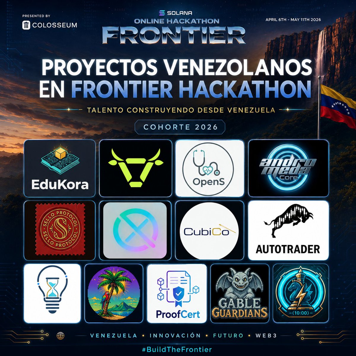 SolanaVenezuela's tweet photo. Venezuela tuvo 13 proyectos enviados al Frontier Hackathon de @colosseum en @solana  🇻🇪💜

Detrás de ese número hay founders aprendiendo, construyendo, iterando y atreviéndose.

Eso es lo que queremos impulsar:
Más builders.
Más productos.
Más Venezuela en Solana.

Desde Solana Venezuela los felicitamos y seguiremos trabajando para conectar builders con educación, comunidad y oportunidades.

@Gableguardians @jamoran1356 @qhuboxecosystem @raor_00 @xgiyuzk @Andromedacomp @SelloProtocol @Pastoraio @Cubicove @EdukoraLearn @superteam