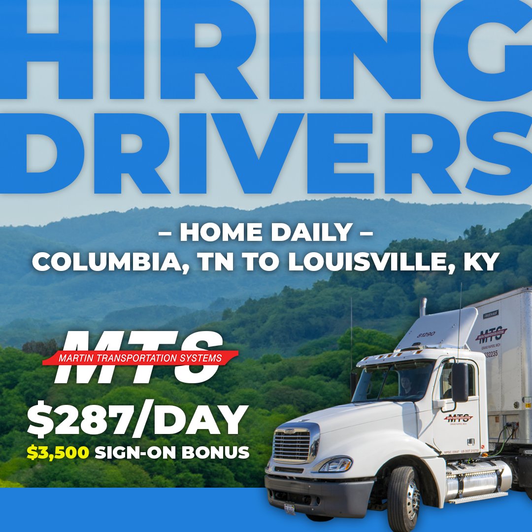 DRIVEforMTS's tweet photo. MTS is looking for Dedicated Home Daily Drivers in Columbia, TN! Enjoy a $3,500 SIGN-ON BONUS! Earn $287 each day! Become part of the team today! #hiring #truckers

Give us a call at (800) 748-0192

Learn more: https://t.co/hUtU2ozhEH
Apply now: https://t.co/DInu1dxK3z https://t.co/Fy46BRgApK