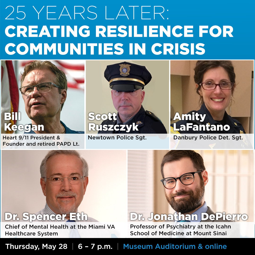 Sept11Memorial's tweet photo. 25 Years Later: Creating Resilience for Communities in Crisis 
Thursday, May 28 | 6–7 p.m. ET 

In the aftermath of September 11, 2001, the mental health challenges faced by responders, survivors, and community members became a catalyst for change—informing how we support those impacted by tragedy today. 

Join Museum Director Clifford Chanin in conversation with Heart 9/11 President & Founder and retired PAPD Lt. Bill Keegan, Newtown, CT Police Sgt. Scott Ruszczyk, Danbury, CT Police Det. Sgt. Amity LaFantano, Chief of Mental Health at the Miami VA Healthcare System Dr. Spencer Eth, and Professor of Psychiatry at the Icahn School of Medicine at Mount Sinai Dr. Jonathan DePierro as they reflect on the evolution of mental health care and resilience-building for first responders and communities in crisis. 

Register for free to attend this important discussion on healing, preparedness, and the lessons that continue to guide response efforts. Reserve your spot: https://t.co/JGxcyjKSJc