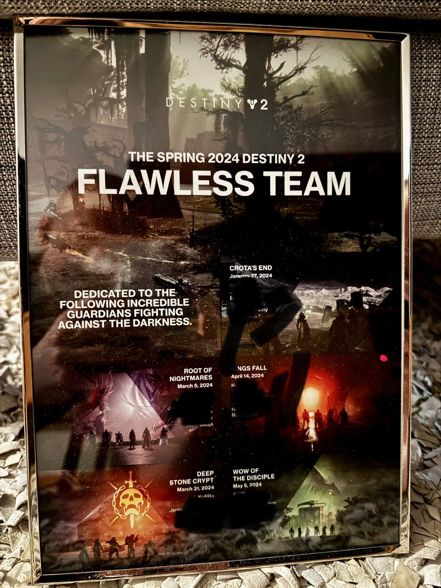 RiotRMD's tweet photo. In 2024 I coaxed my D2 friends that we gotta flawless the raids even though we are average. We did it too over a six month period. Had one god tier player friend join us. Of course I had to create diplomas for everyone invoked and went to our senior graphic designer at Remedy’s publishing to create this that I framed for everyone and sent it to them