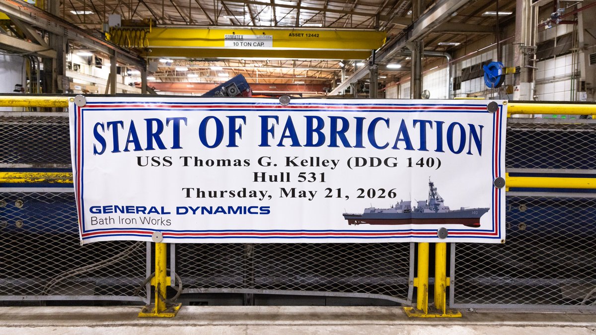 GDBIW's tweet photo. Today, May 21, 2026 — we celebrated the start of fabrication of the future USS Thomas G. Kelley (DDG 140) at our Structural Fabrication Facility.

DDG 140 is the 48th of its class built at Bath Iron Works and the seventh Flight III Arleigh Burke destroyer to start construction at the Maine shipyard. Advancements in radar and combat systems make Flight III Arleigh Burkes the most technologically advanced surface combatants in the world. The ship’s namesake, retired Navy Capt. Thomas Kelley, a Medal of Honor recipient for heroism in in the Vietnam War, attended the Start of Fabrication ceremony, today.

BIW President Charles F. Krugh, stated, “Bath Iron Works is proud of its mission to build the finest surface combatants for the U.S. Navy,” Krugh said. “We take seriously our responsibility to adapt and evolve so we remain on the cutting edge of ship construction, building ships on schedule and with BIW quality so they perform when called upon – much as a young Lt. Kelley did while commanding a column of river assault craft in Vietnam.”