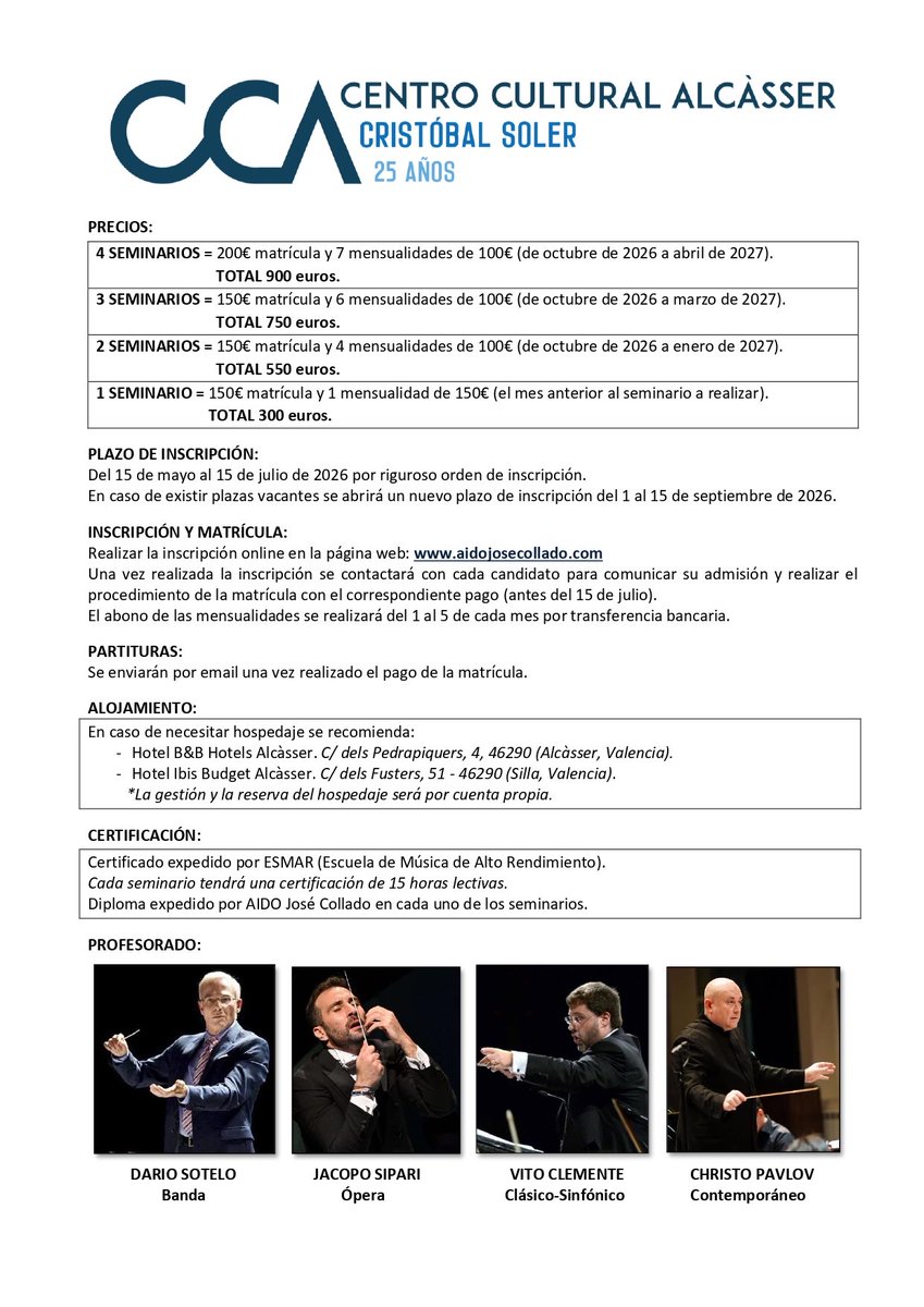 AIDOJoseCollado's tweet photo. SEMINARIOS INTERNACIONALES
DE DIRECCIÓN 2026-27

ℹ️ Info: https://t.co/Ldqzlxvf3b

📝 Inscripción: https://t.co/WXzOox6XkT

🤵🏻‍♂️ Profesores: Dario Sotelo, Jacopo Sipari, Vito Clemente y Christo Pavlov.

📆 Plazo de inscripción del 15 de mayo al 15 de julio de 2026. https://t.co/uXkc78H3r4