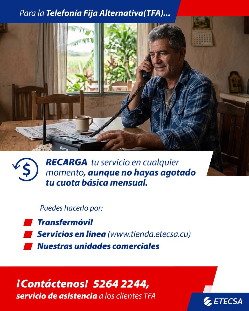 ReneTam97772837's tweet photo. 🎯  Si eres cliente de la #TelefoníaFijaAlternativa (TFA) esta información es importante para ti. #EtecsaConCuba https://t.co/UnbxjJP7ZP