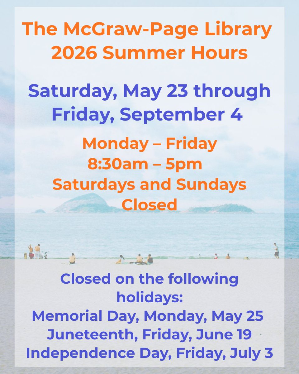 RMClib's tweet photo. Summer hours begin Saturday, May 23, &amp; end on Friday, September 4. The library will be closed May 23-25 (Memorial Day). See you on Tuesday, May 26, when regular summer hours begin: Monday-Friday, 8:30a-5p, Saturday &amp; Sunday, closed. Check hours 24/7 at https://t.co/i85Uwf2GOv. https://t.co/mxWC3PgwZG