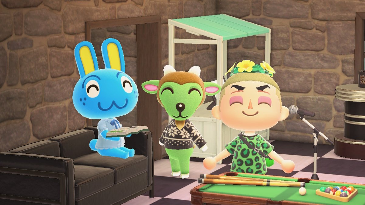 HamuchuStarTea's tweet photo. Whether it's watching Gruff play a game of pool or listening to Hopkins' silly stories, hanging out with my friends is the best moment I will treasure forever. 💖 #ACNH #AnimalCrossing #どうぶつの森 #AnimalCrossingNewHorizons #NintendoSwitch #Gruff #Hopkins #ビリー #プースケ https://t.co/dANicGZDmo