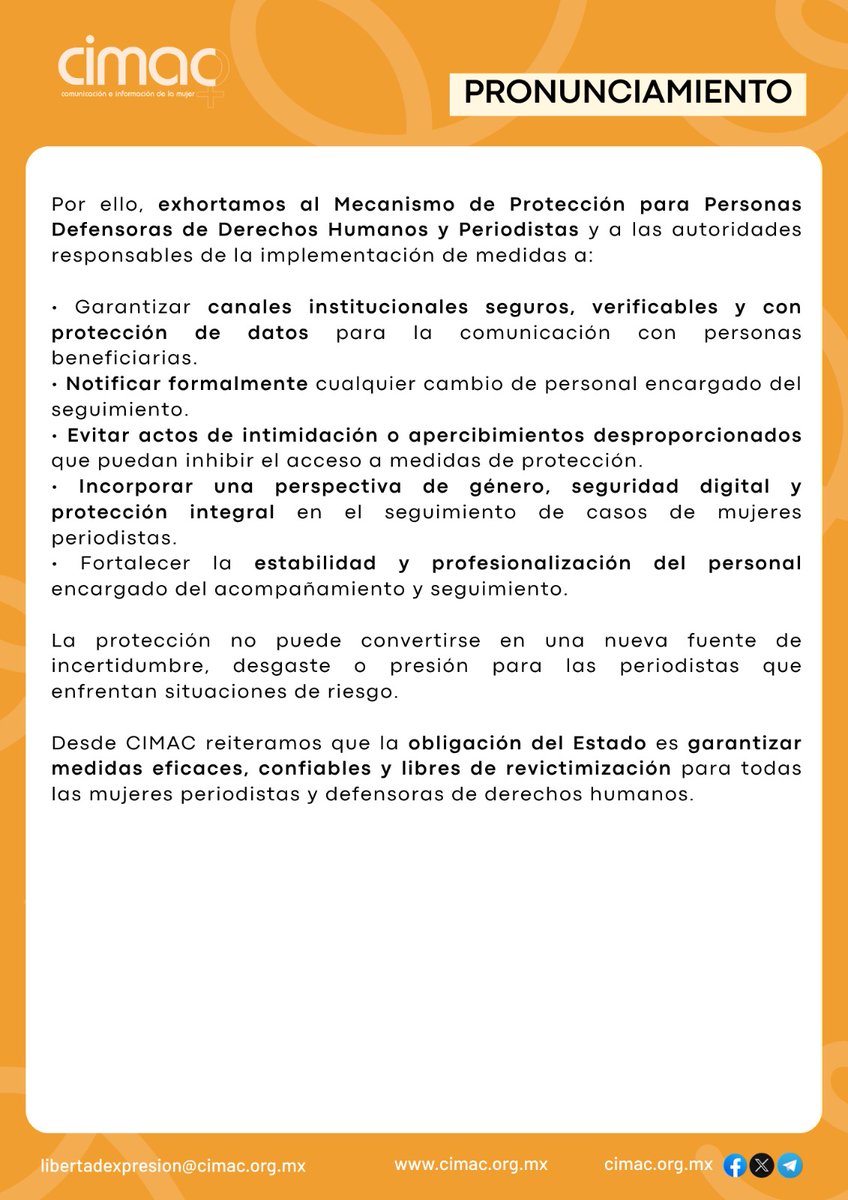 prensacimac's tweet photo. 🟠 Pronunciamiento 
Expresamos nuestra preocupación y rechazo ante el oficio de apercibimiento emitido contra Angélica Elizabeth Díaz Molina, beneficiaria del @Mecanismo_MX  mediante el cual se le señala por un supuesto "uso indebido" de las medidas de protección. 

Resulta profundamente preocupante que el Mecanismo ignore que las periodistas en situación de riesgo desarrollan medidas de autoprotección digital y física.

#MujeresPeriodistas #PeriodismoEnRiesgo #LibertadDeExpresión