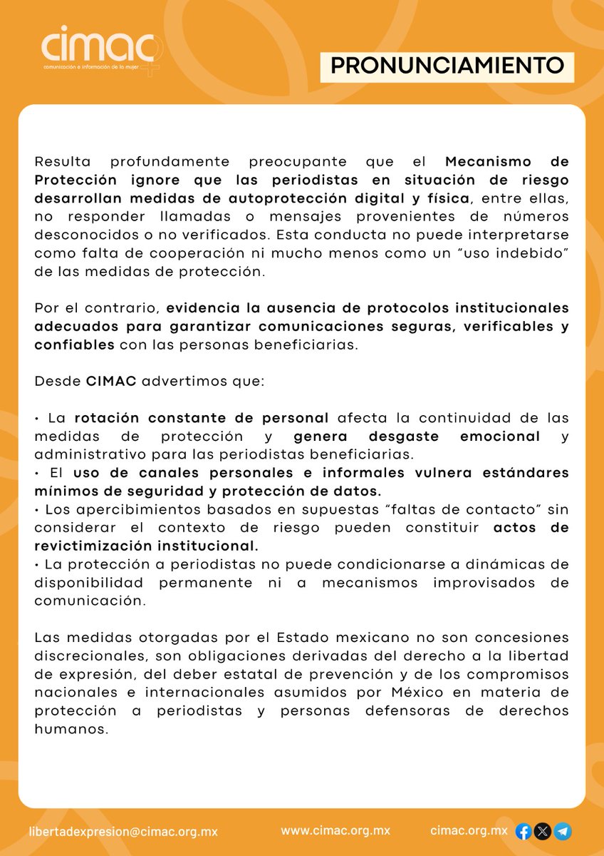 prensacimac's tweet photo. 🟠 Pronunciamiento 
Expresamos nuestra preocupación y rechazo ante el oficio de apercibimiento emitido contra Angélica Elizabeth Díaz Molina, beneficiaria del @Mecanismo_MX  mediante el cual se le señala por un supuesto "uso indebido" de las medidas de protección. 

Resulta profundamente preocupante que el Mecanismo ignore que las periodistas en situación de riesgo desarrollan medidas de autoprotección digital y física.

#MujeresPeriodistas #PeriodismoEnRiesgo #LibertadDeExpresión