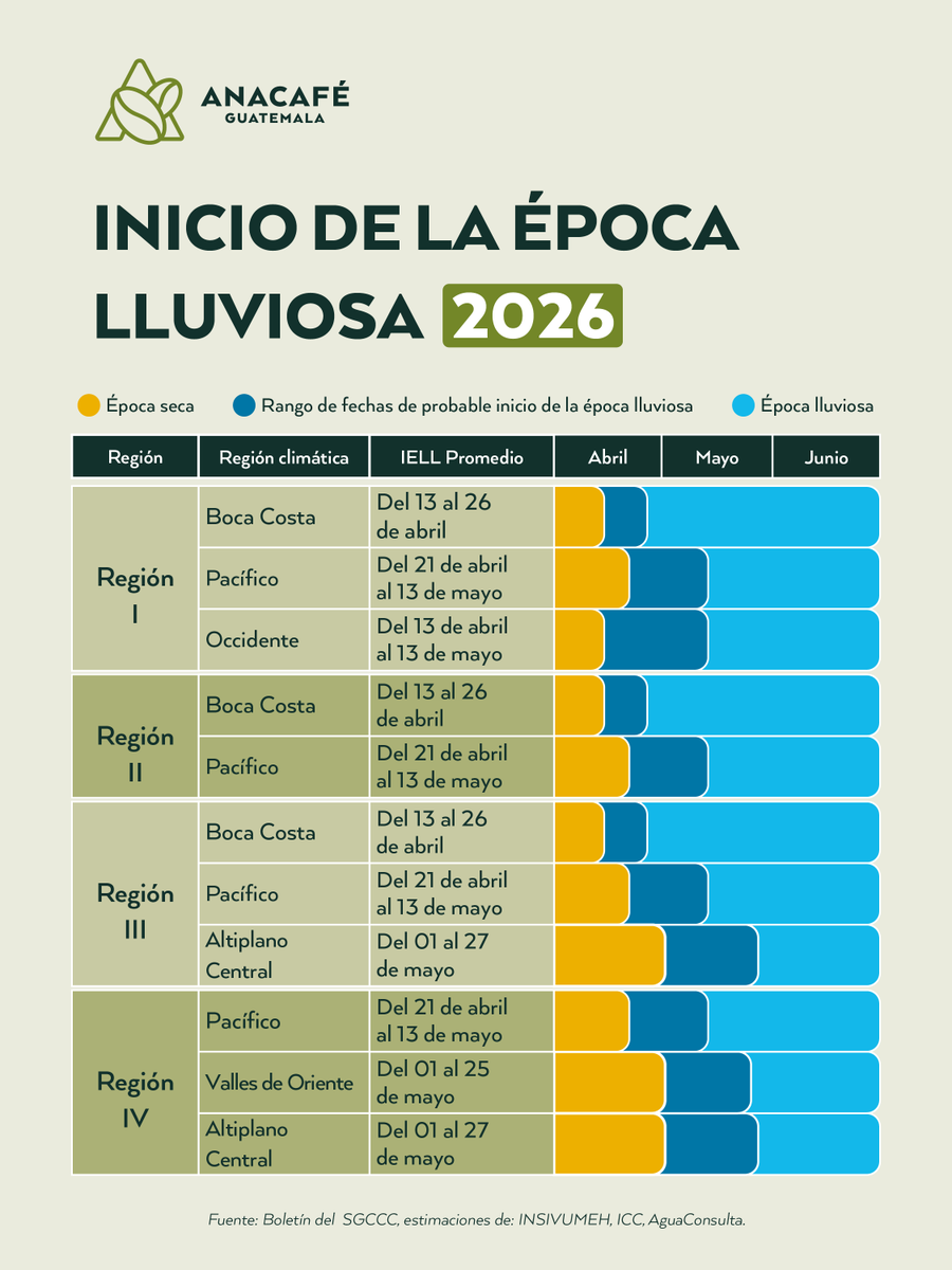 CafedeGuatemala's tweet photo. 🌧️☕ Boletín Especial | Inicio de la Época Lluviosa 2026
Anacafé comparte recomendaciones técnicas y actividades clave a considerar durante el inicio de la época lluviosa, con el objetivo de fortalecer el manejo agronómico, la productividad y la calidad del café en las distintas regiones cafetaleras del país.

Conoce recomendaciones para cosecha, fermentación, secado y almacenamiento durante esta temporada. 🌱📊

📥Para más información consulta el boletín completo:
https://t.co/24TeJ8juG1