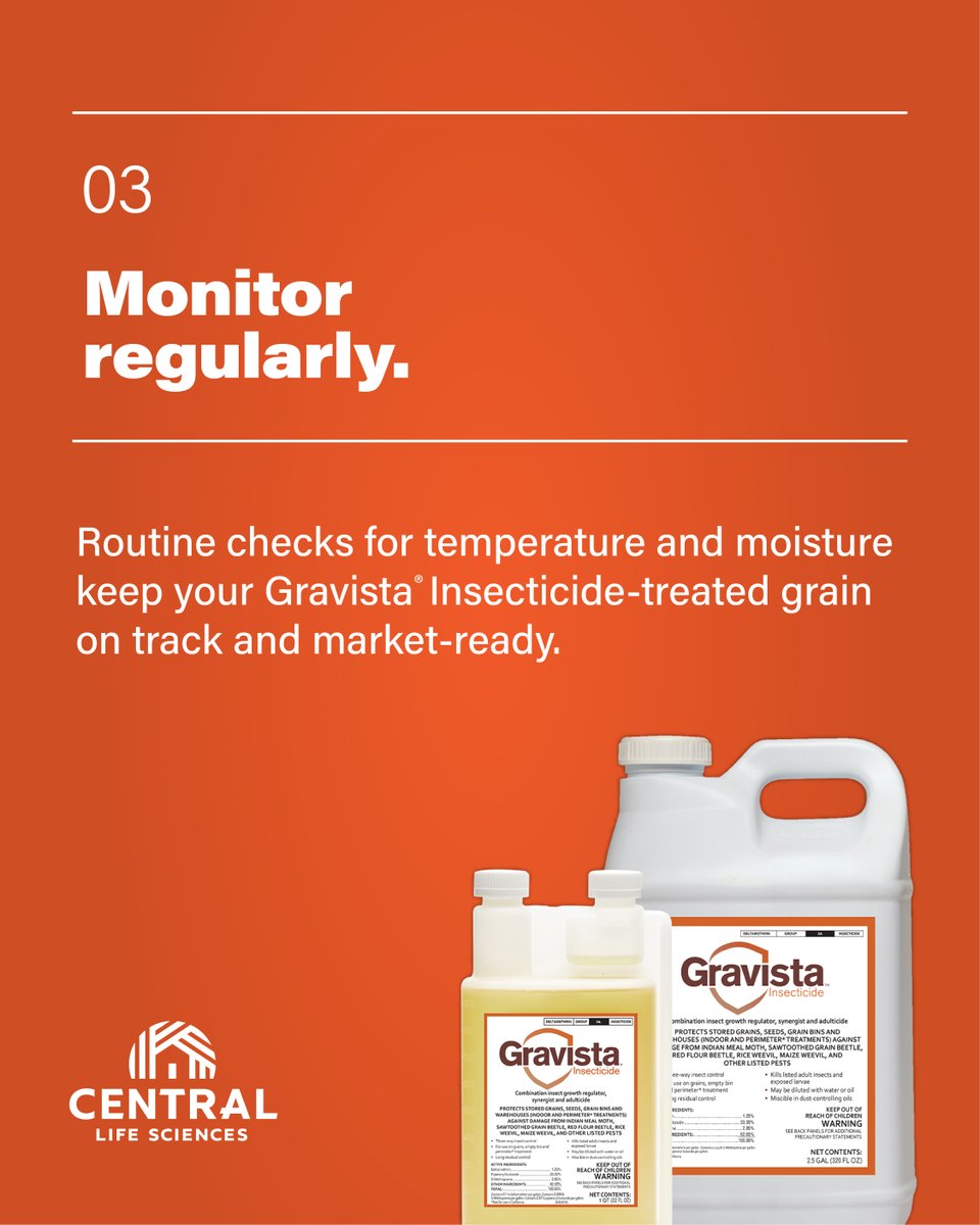 bugfreegrains's tweet photo. When it comes to your grain’s profit potential, Gravista® Insecticide works best as a layered application, not a one-and-done. Follow these three steps to help protect your ROI.​

Talk to your retailer about how Gravista® Insecticide can fit into your grain protection plan. https://t.co/hBVY6GK6SE