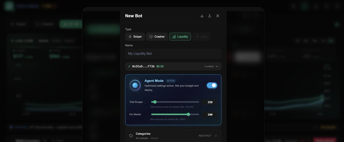 Polymerbot's tweet photo. ⚙️ 2/ Turn on Agent Mode

The bot continuously optimizes positions inside your constraints:

• 📈 LP rewards
• 💸 maker rebates
• 🔁 dynamic rebalancing
Set it once → it runs autonomously. https://t.co/lRKbtxQ29W