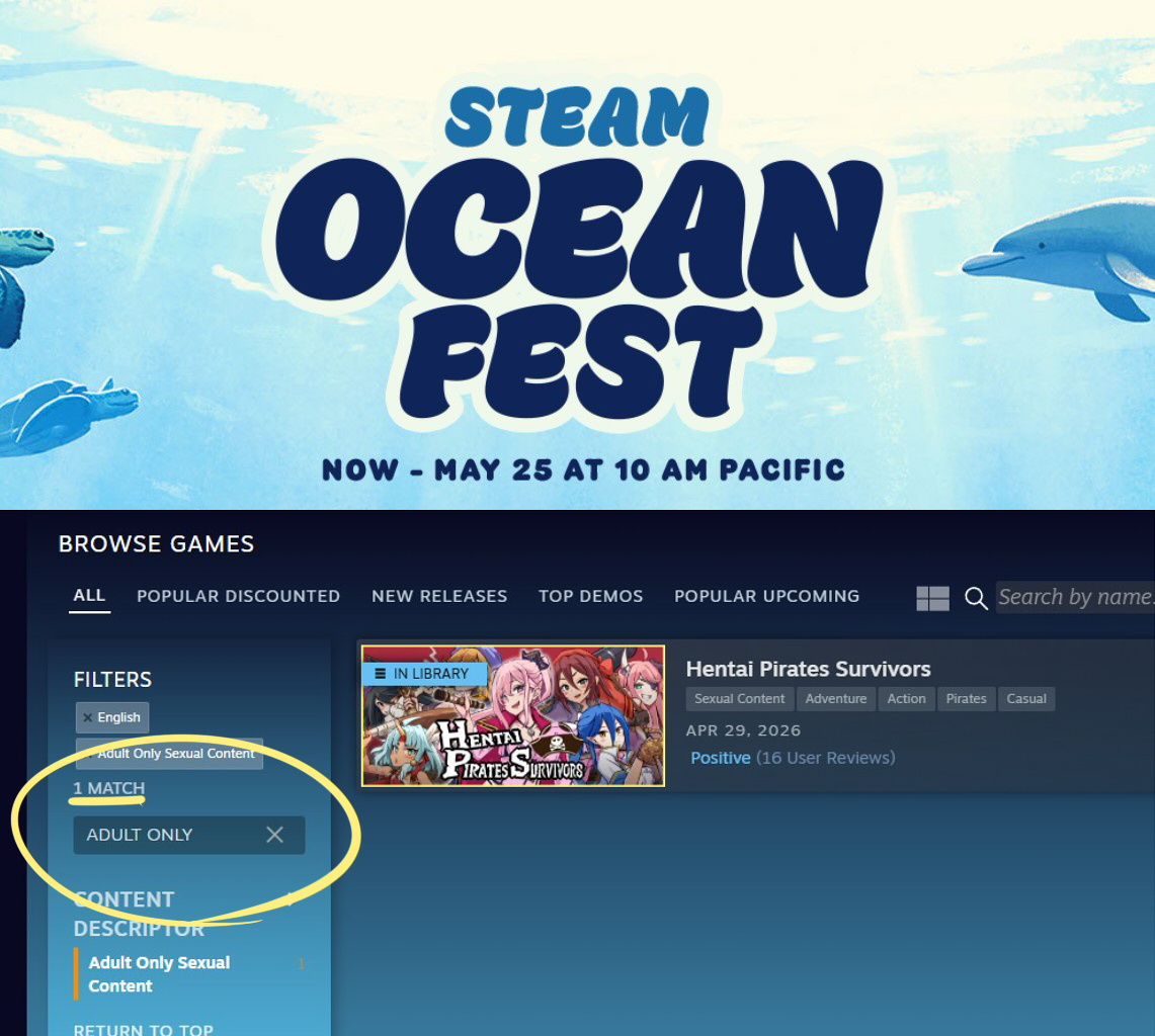 PadsPinky's tweet photo. At Steam’s Ocean Fest, I searched “❤❤❤-only” and got just one result:

“Hentai Pirate Survivors”  Only one hit.

Truly… a literal blue ocean situation. 🌊 https://t.co/SWrmc7064F