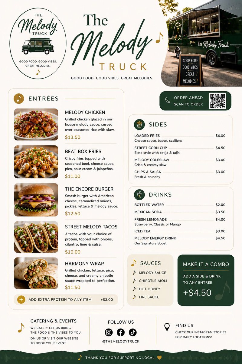 _STARAZURE's tweet photo. Menu Design Inspiration - May 2026 - Week 2
We’re starting a weekly menu design inspiration series where we redesign real menus into cleaner, more modern, mobile-friendly versions.

This week’s example: The Melody Truck redesigned in 3 different styles.

If you own a restaurant, café, bakery, food truck, bar, or any local food business try our FREE menu designer at  https://t.co/5vsm72UDUE which helps turn boring PDF menus, image menus, or menu links into beautiful, interactive digital menus that are easier for customers to browse, click, and use.