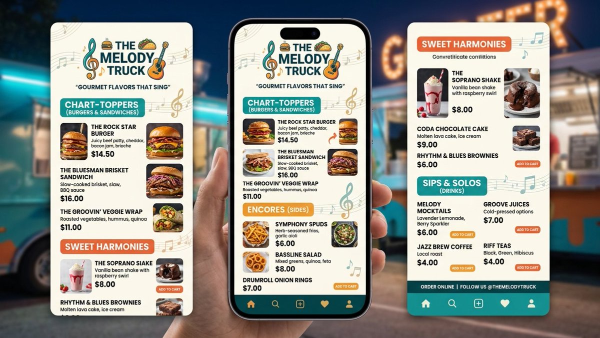 _STARAZURE's tweet photo. Menu Design Inspiration - May 2026 - Week 2
We’re starting a weekly menu design inspiration series where we redesign real menus into cleaner, more modern, mobile-friendly versions.

This week’s example: The Melody Truck redesigned in 3 different styles.

If you own a restaurant, café, bakery, food truck, bar, or any local food business try our FREE menu designer at  https://t.co/5vsm72UDUE which helps turn boring PDF menus, image menus, or menu links into beautiful, interactive digital menus that are easier for customers to browse, click, and use.